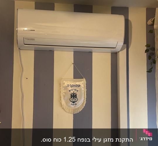 מזגן קיר לבן מותקן על קיר מפוספס